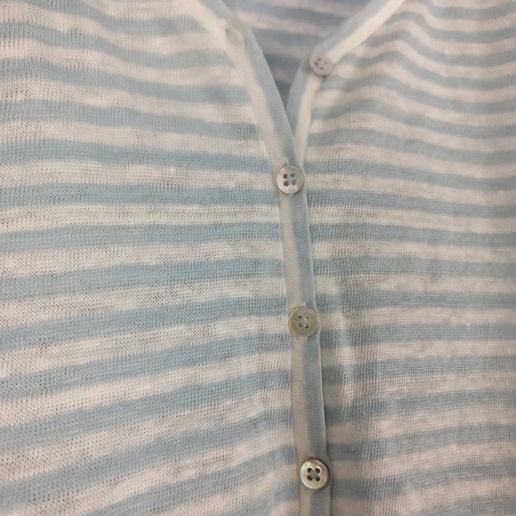 Linen Blouse, 100% Linen Blue Gray White striped top Mother of pearl button, S - Picture 4 of 10